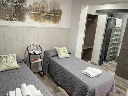 a room with two beds and a walk in shower at Casita tranquila in Talavera de la Reina