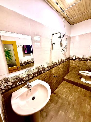 a bathroom with a sink and a mirror at DILSHAN HOTEL Diyaluma in Koslanda