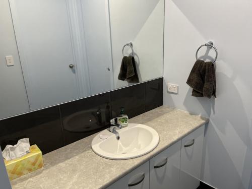 a bathroom counter with a sink and a mirror at Pelicans Perch in Mannum