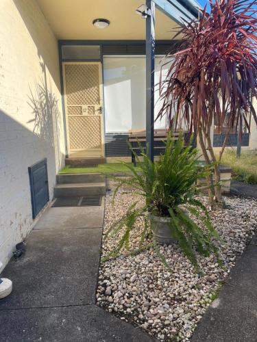 a front porch of a house with a bench and plants at Gippsland Getaway in Moe