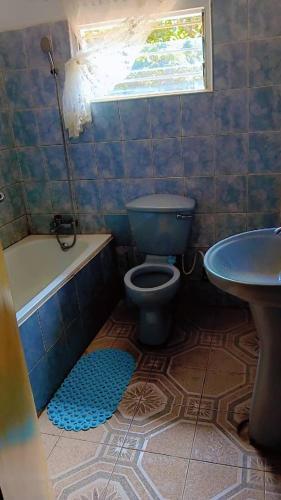 a bathroom with a toilet and a tub and a sink at Villa guest house in Ndola