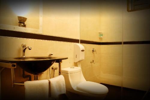 ein Bad mit einem Waschbecken und einem WC in der Unterkunft Home 2 Hotel Sdn Bhd in Cukai