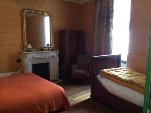 a bedroom with a bed and a mirror and a fireplace at La Maison Févret in Semur-en-Auxois