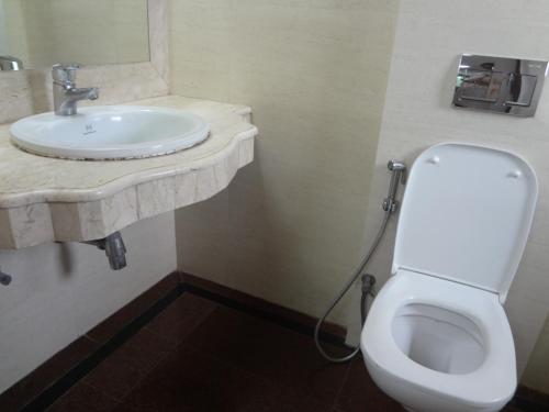 a bathroom with a sink and a toilet at Royal Park Hotel Dockyard in Mumbai