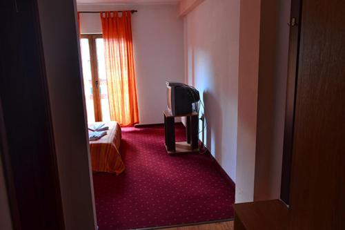 a room with a room with a bed and a tv at Pensiunea Daniels in Văliug
