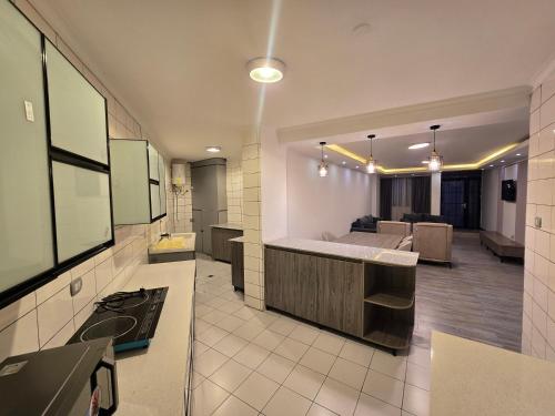 a kitchen with a sink and a living room at Hammer Luxury Guesthouse in Addis Ababa