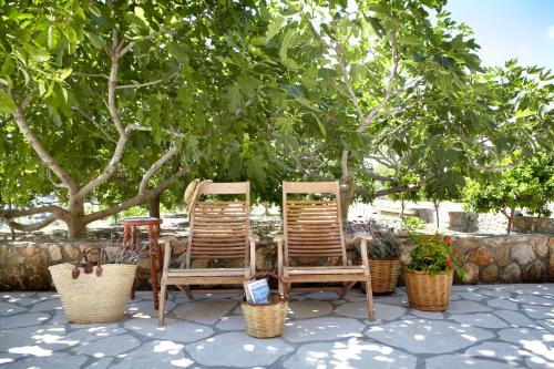 two chairs and baskets on a patio under a tree at Avra Private Suites in Lassi
