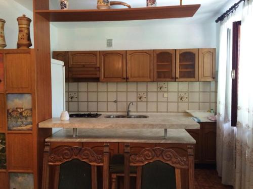 Una cocina con gabinetes de madera y un fregadero. en Apartment Ana, en Izola