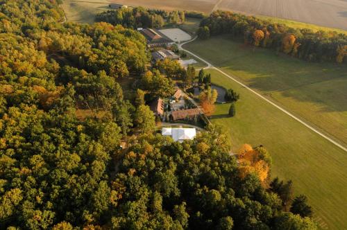 an aerial view of a house in the forest at Domaine de la Butte Ronde in La Boissière-École