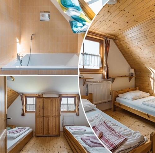 two pictures of a room with two beds and a bathroom at Liptovské Drevenice-chaty in Liptovský Mikuláš