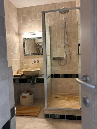 une salle de bain avec douche et lavabo dans l'établissement Windekind402, à La Panne