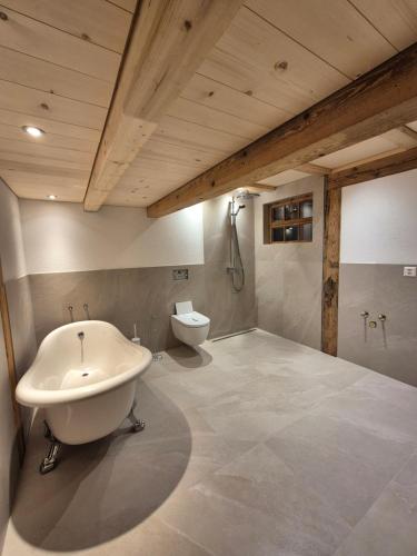 a bathroom with a bath tub and a toilet at Kleine Heubühne im Emmental mit 2 Schlafzimmer und 2 Schlafsofas in Rüegsbach