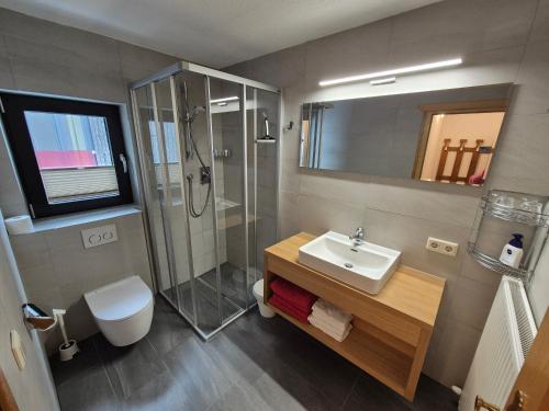 a bathroom with a sink and a shower and a toilet at Apart Lenz in Ischgl
