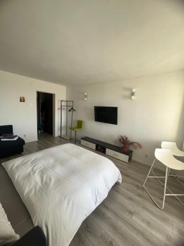 Un dormitorio con una cama y un televisor en la pared. en Open Space Mini Craiovei, en Piteşti