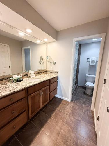 a bathroom with a sink and a toilet at Edgewater-Lakefront 3 BD25BADeckDockGril-16P in Sunrise Beach
