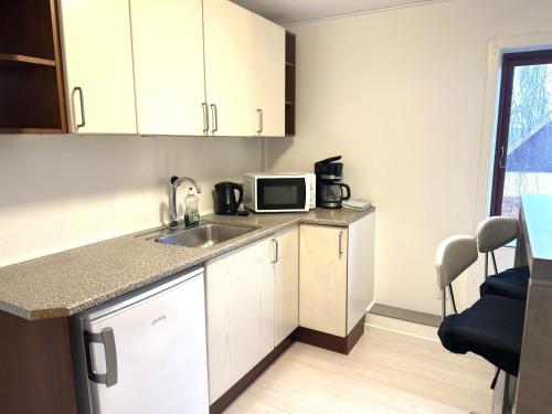una piccola cucina con lavello e microonde di Oasen Samsø a Nordby
