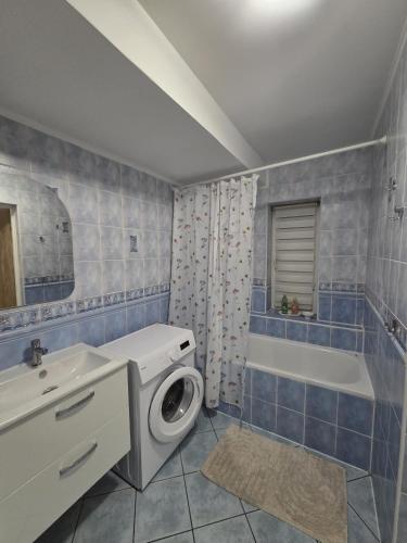 a bathroom with a sink and a washing machine in it at Willa MARSI in Stalowa Wola