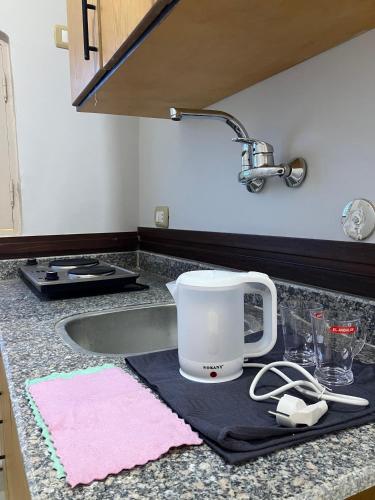 a kitchen counter with a mixer and a sink at Eldeak Hotel Apartments in Luxor