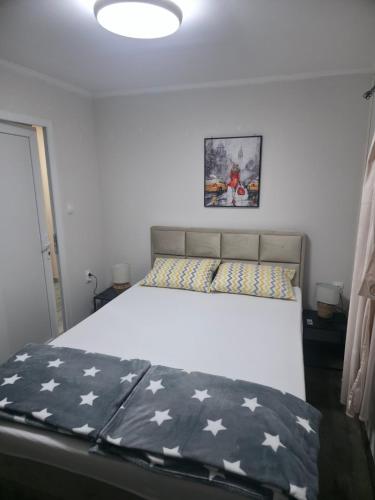 a bedroom with a large bed with stars on it at Black House Spa in Gamzigrad