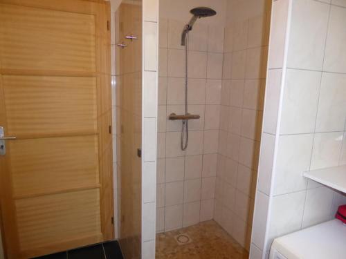 a shower with a glass door in a bathroom at Villa Pepy in Salviac