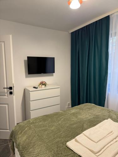 - une chambre avec un lit, une télévision et une commode dans l'établissement Albert Studio, à Drobeta-Turnu Severin