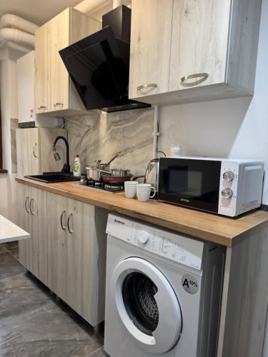 une cuisine avec un lave-linge et un micro-ondes dans l'établissement Albert Studio, à Drobeta-Turnu Severin