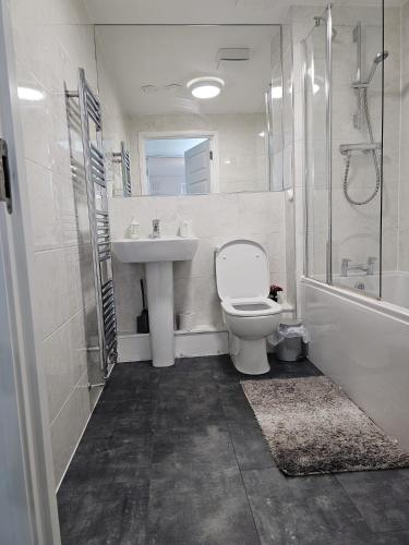 a bathroom with a toilet and a sink and a shower at Stylish 2-Bed Flat with Open-Plan Living plus Parking in Edinburgh