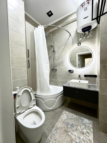 a bathroom with a toilet and a sink and a mirror at Однушка в Асанбае in Bishkek
