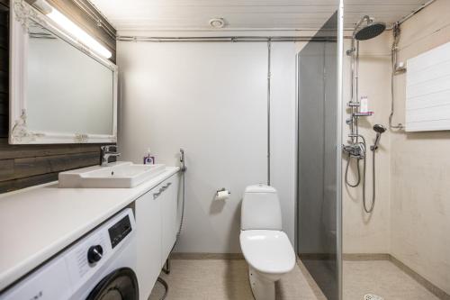 een badkamer met een toilet, een wastafel en een douche bij Santas Duplex II in Rovaniemi