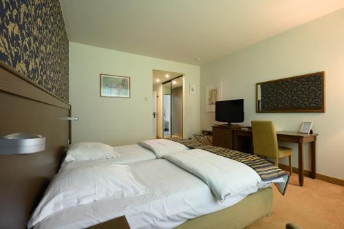 een slaapkamer met een bed, een bureau en een televisie bij Le Mirage De Watermolen Kasterlee in Kasterlee