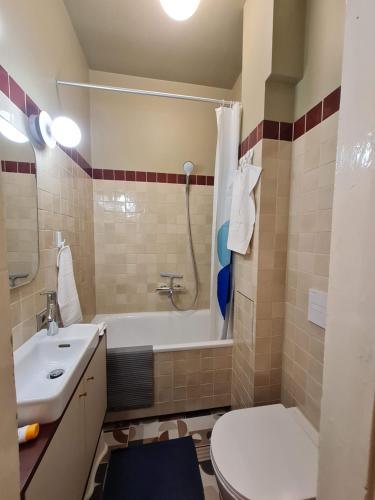 ein Badezimmer mit Badewanne, Toilette und Waschbecken in der Unterkunft K15 History Apartments in Vilnius