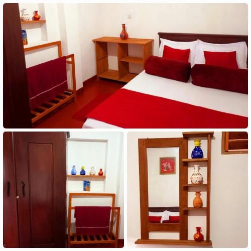 two pictures of a bedroom with a bed and a shelf at Manel Villa. in Nuwara Eliya