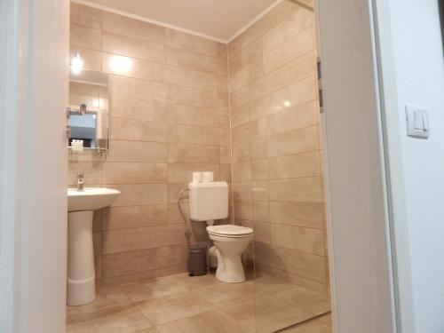 a bathroom with a toilet and a sink at Pensiunea Ramedal in Calafat