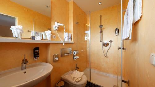 a bathroom with a shower and a sink and a toilet at Hotel Meschenmoser in Langenargen