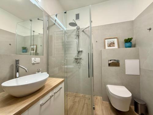 ein Badezimmer mit Waschbecken und Glasdusche in der Unterkunft Virta 8 in Ostróda