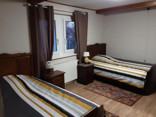 Un dormitorio con dos camas y una ventana. en Gîte des Tourtereaux proche Europapark et Rulantica, en Bindernheim