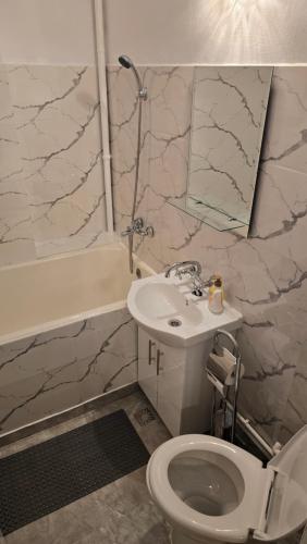 Un baño con inodoro, lavabo y espejo. en Shakespeare Central Apartment, en Craiova