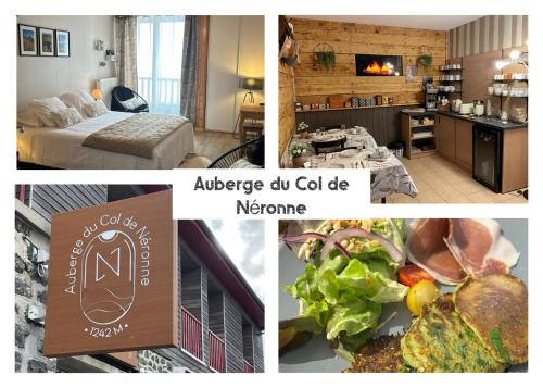 Le FalgouxにあるNuit paisible au Col de Néronneのホテルの部屋とキッチンの写真のコラージュ