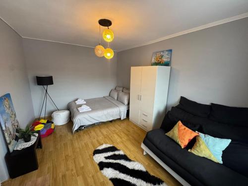 Χώρος καθιστικού στο Black & White, Rezerva acum garsoniera cozy, cafea Lavazza, balcon, priveliște spre munte, saltea premium, fotoliu puf