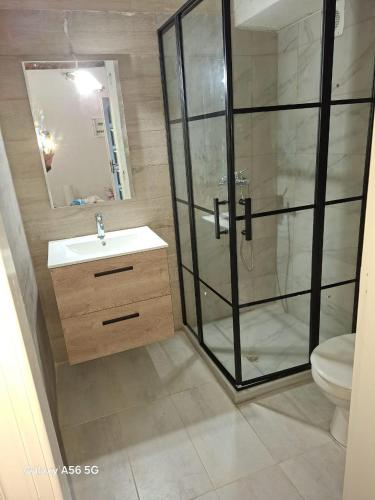 a bathroom with a shower and a sink and a toilet at Seafront studio in Longós