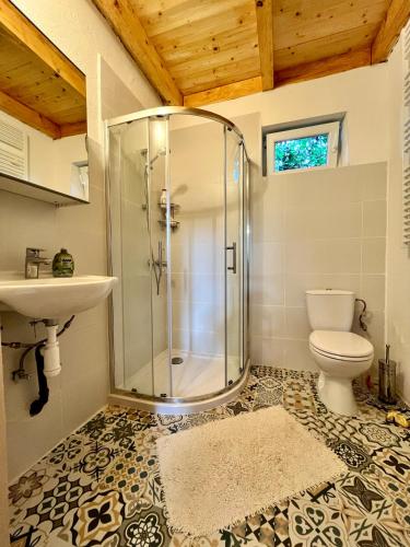 a bathroom with a shower and a toilet and a sink at Rustic Harmony in Abádszalók