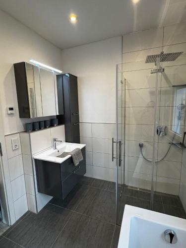 a bathroom with a sink and a shower at Ferienhaus Moritz in Ippesheim