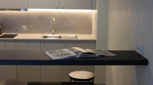 a kitchen counter with two books and a sink at Apartamenty Delecta in Krakow