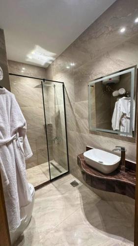 a bathroom with a glass shower and a sink at Elevana Boutique hotel in Cairo