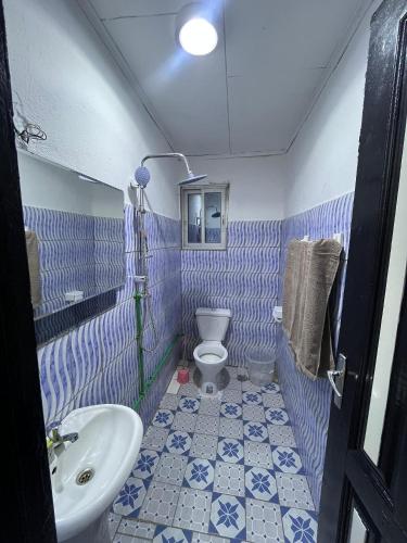 a blue and white bathroom with a toilet and sink at Studio Meublé Bonamoussadi 4è in Bonamoussadi