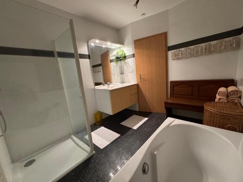 a bathroom with a shower and a tub and a sink at Résidence du Loeb in Eschau