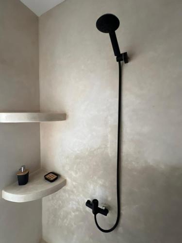 a shower in a bathroom with a white wall at Tamonda in Tamraght Ouzdar