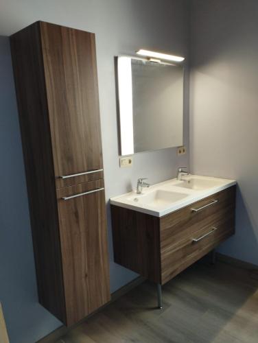 a bathroom with a sink and a mirror at Jagersrust aan zee in Blankenberge