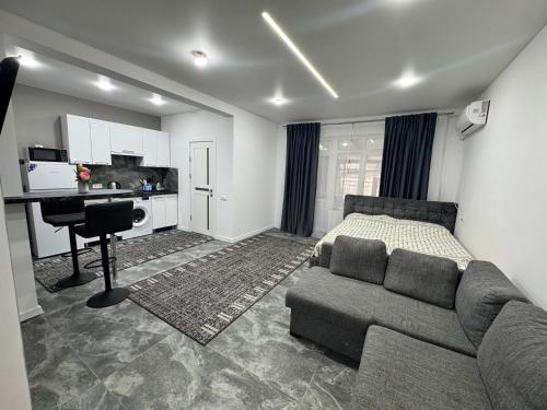 a bedroom with a couch and a bed and a desk at Apartament ultra-central in Edineţ