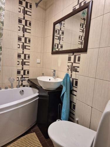 een badkamer met een wastafel, een bad en een toilet bij Kesklinna silla apartment - free parking in Pärnu